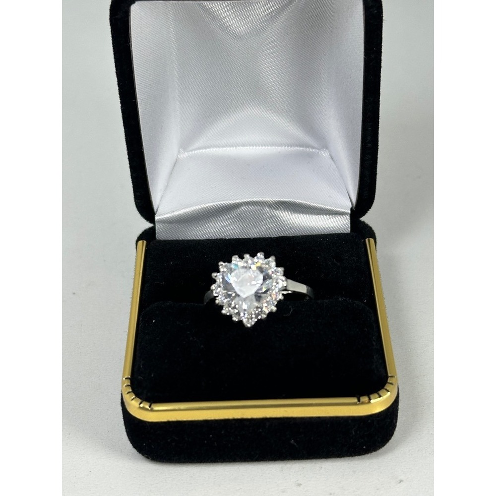Vintage 925 Sterling Silver Heart Cubic Zirconia Halo Ring Size 9‎ Mexico